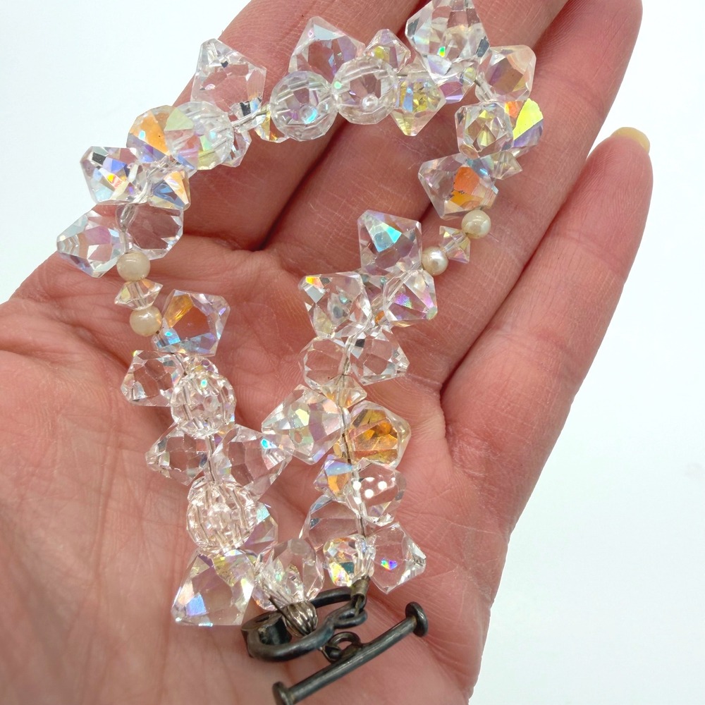 Vtg AB Crystal Bracelet Sterling 925 Chunky Faceted Glass Stones Iridescent 6.5"